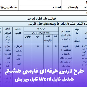 نمونه طرح درس پیشنهادی فارسی پایه هشتم | فایل Word قابل ویرایش