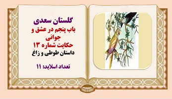 پاورپوینت داستان طوطی و زاغ از گلستان سعدی  باب پنجم در عشق و جوانی